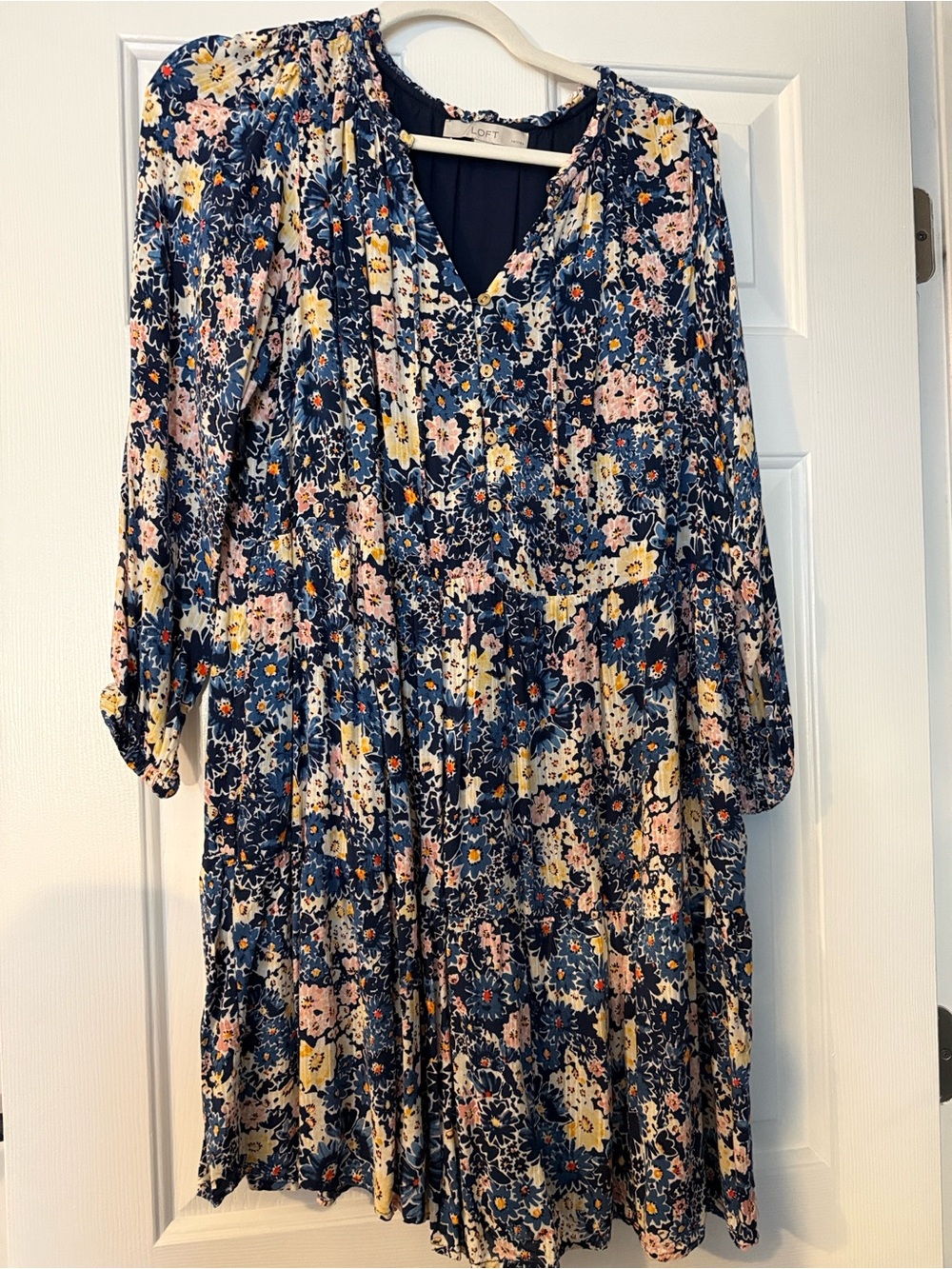 LOFT Navy Floral Tiered V-Neck Long Sleeve Midi Dress